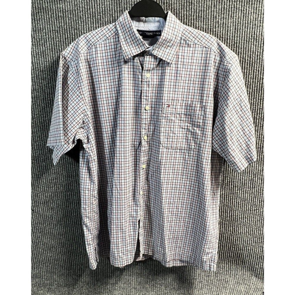 VTG Tommy Hilfiger Shirt Mens Medium Blue Pink Plaid Button‎ Up Short Sleeve